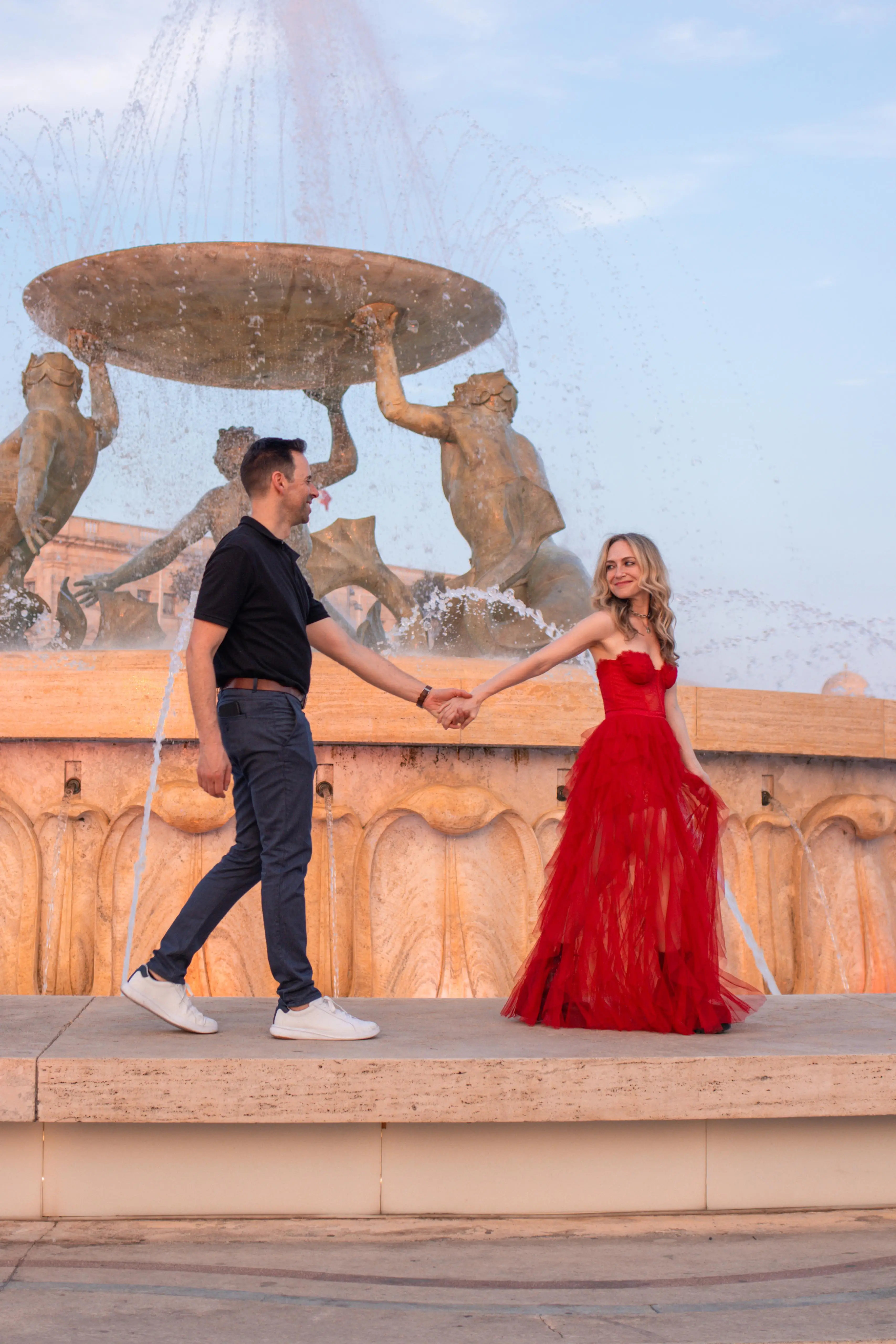 Lauren and Dove at the Triton Fountain, Valletta